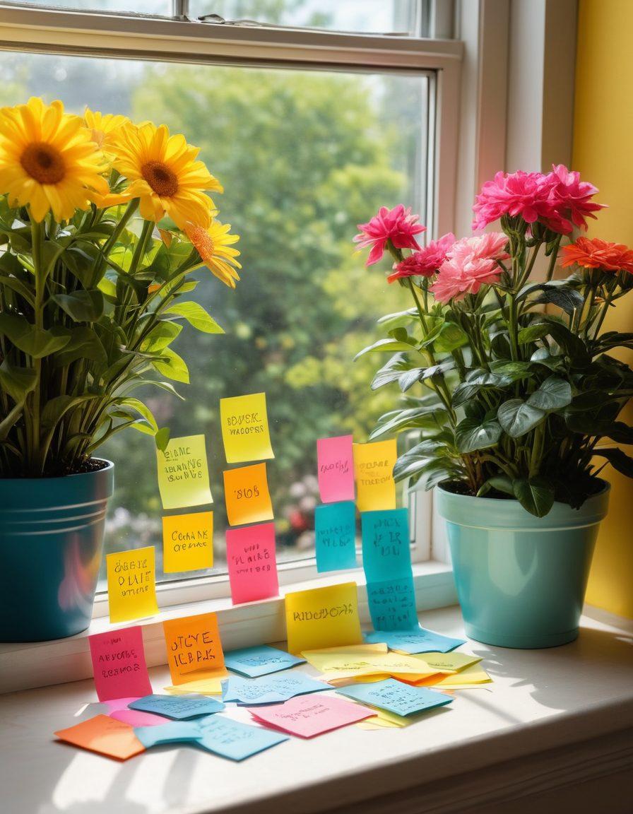 A bright and colorful scene featuring a variety of cheerful sticky notes with uplifting messages like 'You are awesome!', 'Smile today!', and 'Believe in yourself!' scattered on a sunny window sill. In the background, a blooming plant brings a touch of nature, symbolizing growth and positivity. The overall atmosphere should radiate warmth and joy, inviting viewers to embrace positivity. vibrant colors. super-realistic.