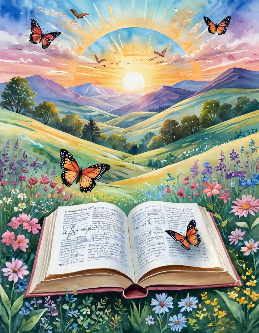A serene landscape with a sun rising over rolling hills, where colorful butterflies flutter around blooming flowers. In the foreground, an open book with glowing pages, quoting uplifting phrases in elegant cursive. Light rays illuminating the scene, creating a sense of warmth and joy. Soft pastel colors blend harmoniously in the sky. watercolor painting. vibrant colors.
