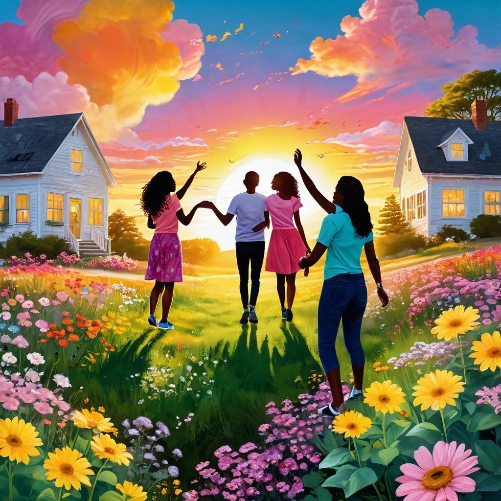 A radiant sunrise illuminating a serene landscape filled with blooming flowers and joyful people sharing smiles and laughter. Bright colors like yellow, pink, and green dominate the scene, evoking warmth and positivity. Whimsical text bubbles with uplifting messages float through the air, adding a playful touch. The overall vibe should be cheerful and inspiring. vibrant colors. super-realistic.